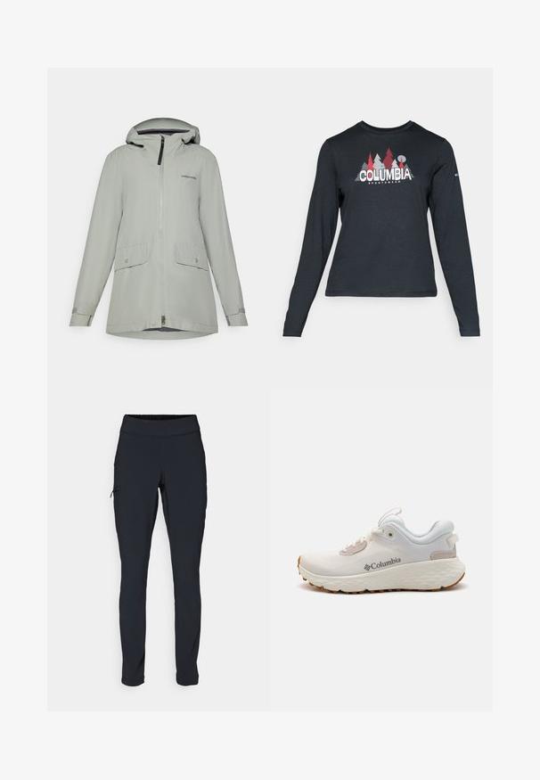 Helehall hallikas veekindel jope, millel on lukuga eesmine osa, kapuuts, kaks eesmist taskut ja reguleeritavad mansetid; valmistatud siledast ja kergest kangast.; Pikend varrukatega tumehall särk, millel on punaste puude ja mägede graafika; "COLUMBIA" logo julge valge tekstiga. Pehme kangas, tavaline ümmargune kaelus.; Mustad mustad sportpüksid kitsaste lõikega, elastse vöökoha ja küljetaskuga, millel on tõmblukk. Sile, veniv kangas minimaalsete õmblustega.; Kerged Columbia spordijalanõud valgest võrgust, millel on tekstureeritud hall tall ja kummist haardepind. Omaduseks on polsterdatud krae ja nööridega kinnitussüsteem.