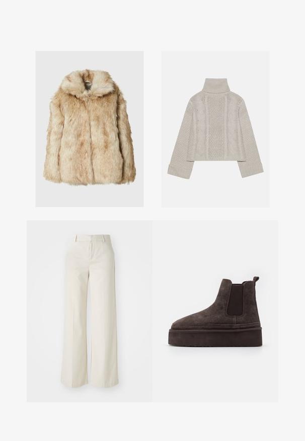 Faux fur-jakke i lys beige med en myk, tett tekstur, som har hette og vide ermer. Glatt finish med en fluffy utseende.; Kuttet, lys grå strikkegenser med høy krage og ribbede mansjetter, med teksturerte kabelmønstre nedover baksiden og sidene.; Bredde bukser i en lys beige farge, laget av et glatt stoff. Har en klassisk linning og flat front med rene linjer.; Brune sømde Chelsea støvler med elastiske sidepaneler og en tykk, teksturert plattformsåle. Har en pull-tab bak for enkel påføring.