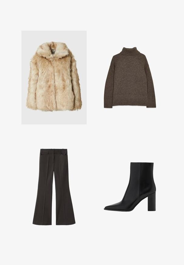 Faux-Fur-Jacke in hellbeige mit einer weichen, dichten Textur, ausgestattet mit einer Kapuze und weit geschnittenen Ärmeln. Glatte Oberfläche mit einem flauschigen Aussehen.; Brauner Strickpullover mit Rollkragen, der einen gerippten Saum und Bündchen aufweist, einer lockeren Passform und einem strukturierten Stoff für zusätzliche Wärme.; Schwarze, weit geschnittene Hosen mit hoher Taille; verfügt über zwei Fronttaschen und eine glatte Stoffoberfläche. Geeignet für verschiedene Anlässe.; Schwarze Leder-Ankle Boots mit spitzem Zehenbereich, quadratischem Absatz, glatter Textur und Nähten entlang der Nähte. Die Absätze messen ungefähr 8,9 cm.