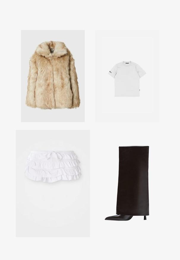 Lažna krzna jakna v svetlo bež barvi z mehkimi in gostimi vlakni, ki ima kapuco in široke rokave. Gladek zaključek z puhastim videzom.; Bela bombažna majica s kratkimi rokavi, okroglim izrezom in majhnim črnim logotipom vezenim na levem rokavu. Preprosta in gladka tekstura.; Bela plisirana kopalna krilka z več plastmi, z vrvico za nastavljanje pasu. Mehak material z gladko teksturo.; Črne škornje do kolen, izdelane iz gladke usnje, z ostro točko in ozkim peto. Minimalističen dizajn z elegantno in strukturirano silhueto.