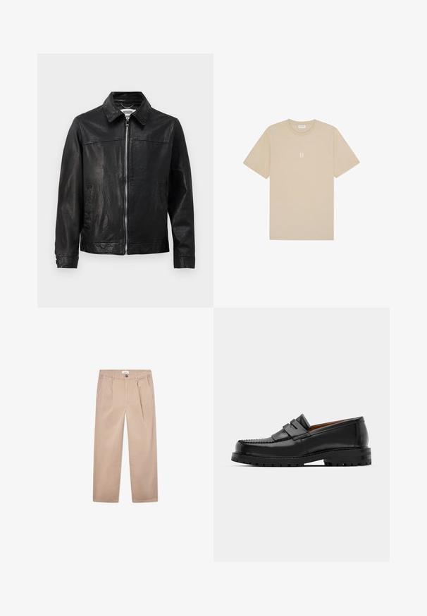 Musta nahkatakki, jossa on kauluskotelo, etuvetoketju ja sivutaskut. Sujuva pinta, jossa on minimaalinen ompelusyksityiskohta.; Beige puuvillane T-särk lühikeste varrukatega ja ümarate kaeluste jaotusega. Eesmises osas on väike, keskel asuv graafika "II" heledamas varjus.; Khaki-housut, jotka on valmistettu puuvillasta, suoralla lahkeella, kahdella etutaskulla, napituksella ja klassisella istuvuudella.; Mustat nahka loafit sisältävät kohoavan sauman, kaksi koristeellista nauhaa yläosassa ja paksun teksturoidun pohjan parempaa pitoa varten.