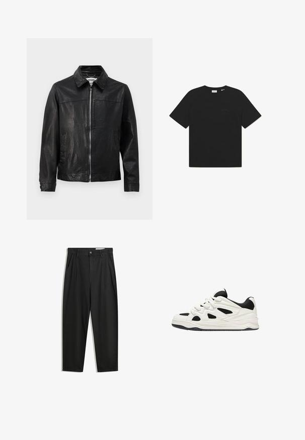 Jachetă din piele neagră cu guler, fermoar frontal și buzunare laterale. Textură netedă cu detalii de cusătură minime.; Tricou negru din bumbac, cu guler rotund și mâneci scurte. Prezentă un logo discret pe față. Textură moale și croială lejeră.; Pantaloni negri din bumbac cu croială lejeră, având un brâu clasic, plii frontale și buzunare laterale. Textură netedă fără modele.; Adidași albi și negri cu o talpă texturată, având desene decupate pe laterale și șireturi, și un călcâi căptușit pentru susținere.