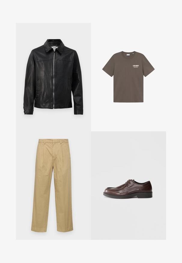 Jaqueta de couro preta com gola, fecho na frente e bolsos laterais. Textura suave com detalhes de costura mínimos.; Camiseta de algodão castanha com decote redondo, mangas curtas e um pequeno LOGOTIPO branco no lado esquerdo do peito. Textura suave, corte casual.; Calças de algodão bege com um design de perna reta, apresentando pregas frontais e bolsos laterais. O tecido tem uma textura suave e macia.; Sapatinho de couro castanho com bico arredondado, detalhes mínimos de costura e sola resistente preta. Apresenta fecho com atacadores e textura suave.