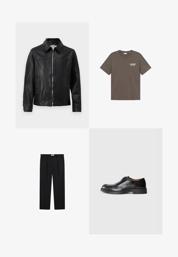 Černá kožená bunda s límečkem, předním zipem a bočními kapsami. Hladký povrch s minimem švů.; Hnědá bavlněná tričko s kulatým výstřihem, krátkými rukávy a malou bílou grafikou loga na levé části hrudi. Hladká textura, volný střih.; Černé kalhoty na míru s předními sklady, rovného střihu a zapínáním na knoflík. Látka vypadá hladce s mírným leskem.; Černé kožené společenské boty s kulatou špičkou, hladkým povrchem, tkaničkovými detaily a nízkou, hrubou gumovou podrážkou. Čisté linie a minimalistický design.