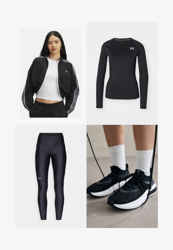 Giacca sportiva nera con accenti grigi, polsini elasticizzati e chiusura con zip. Presenta piping bianchi e un logo Under Armour sul petto.; Maglietta sportiva nera a maniche lunghe realizzata in tessuto liscio, con scollatura tonda e un piccolo logo bianco sul lato sinistro del petto.; Leggings neri realizzati in materiale morbido e stretch con vita alta. Presentano un logo bianco sulla coscia sinistra e un design aderente.; Scarpe sportive nere con tessuto testurizzato, suola bianca e lacci neri. Indossate con calzini bianchi a costine, in piedi su una superficie chiara.