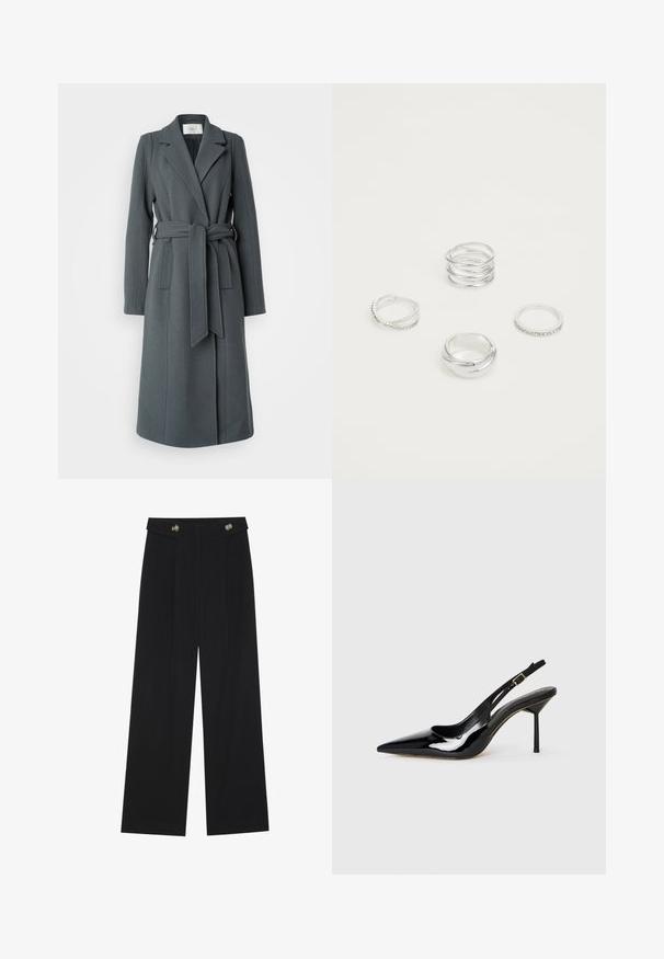 Šedý kabát z vlněné směsi s klopovým límcem, dlouhými rukávy a přiléhavým pasem. Obsahuje odpovídající pásek a boční kapsy. Hladká textura.; Bílý krátký rukávový tričko vyrobené z bavlny. Má volný střih s kulatým výstřihem a mírně posunutými ramenními švy. Bez vzorů nebo akcentů.; Černé široké kalhoty s vysokým pasem, detailní knoflíky na pase a přední záhyby.; Černé lakované lodičky s špičatou špičkou a tenkým páskem na nártu, s jehlovým podpatkem a zlatou sponou na bílém pozadí.; Čtyři stříbrné prsteny s různými vzory: zkroucený prsten, vrstvené křivky, jemné krystaly a hladký prsten s malými akcenty.