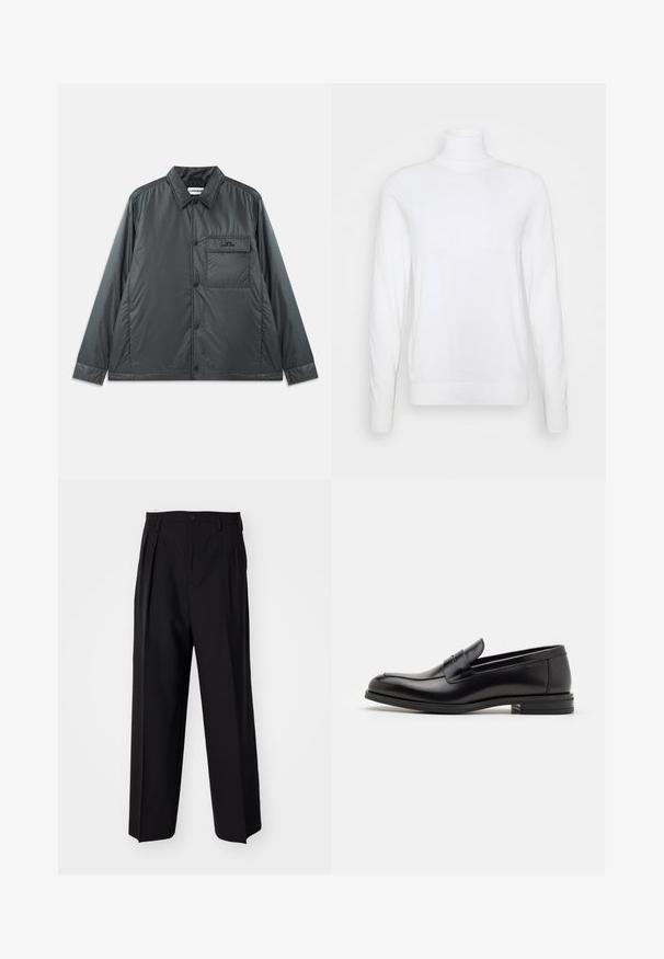 Mörkgrå, lätt, knappad jacka med spetskrage, långa ärmar och en enda bröstficka. Slätt, glänsande tyg med minimal hårdvara.; Vit polotröja med långa ärmar, tillverkad av slät tyg. Har en figurnära design och ribbade ärmslut och nederkant. Ingen mönster eller detaljer.; Svarta plisserade byxor med en rak, bred bendesign. Tillverkade av ett slätt tyg, med knäppning fram och bälteshällor.; Svarta läderloafers med en slät yta, rund tå och ett dekorativt band över främre delen. Låg staplad klack, minimalistisk design.