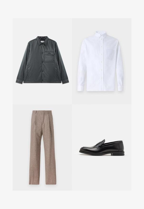 Dark gray, lightweight, button-up jacket with a point collar, long sleeves, and a single chest pocket. Smooth, shiny fabric with minimal hardware.; White long-sleeve button-up shirt made of cotton, featuring a chest pocket with tonal embroidery, a collar, and button cuffs.; Brown, high-waisted trousers made of textured fabric. Features wide legs and two front pleats for structure. Neat finish with no visible hardware.; Black leather loafers with a smooth texture, rounded toe, and a decorative strap across the vamp. Low stacked heel, minimalist design.