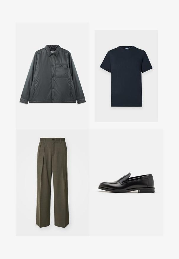 Dark gray, lightweight, button-up jacket with a point collar, long sleeves, and a single chest pocket. Smooth, shiny fabric with minimal hardware.; Navy blue cotton T-shirt, short sleeves, crew neckline, features a textured logo design across the chest in a lighter shade.; Filippa K WIDE TROUSERS - Trousers - driftwood; Black leather loafers with a smooth texture, rounded toe, and a decorative strap across the vamp. Low stacked heel, minimalist design.