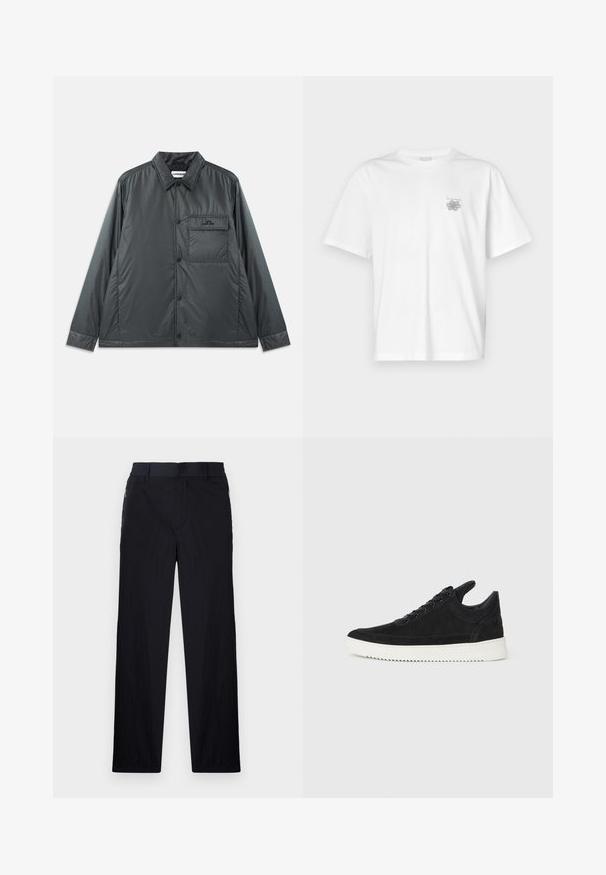 Mørk grå, lett, knappet jakke med spiss krage, lange ermer og en enkel brystlomme. Jevnt, skinnende stoff med minimalt med beslag.; Hvit T-skjorte laget av bomull, med korte ermer, rund hals og en liten grå logo på venstre brystområde. Smooth tekstur.; Sorte bukser med lett og teksturert stoff, rett ben-design, elastisk midjebånd og sidelommer med glidelås.; Sorte semskede sneakers med hvit gummisåle, med tonale sømmer og snøring. Glatt tekstur med en moderne, strømlinjeformet form.