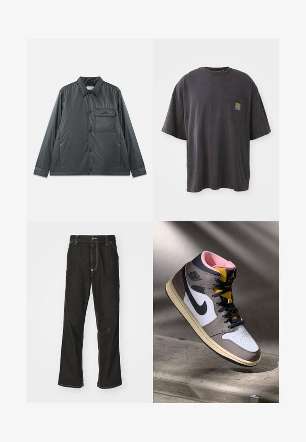 Mørk grå, lett, knappet jakke med spiss krage, lange ermer og en enkel brystlomme. Jevnt, skinnende stoff med minimalt med beslag.; Svart bomulls t-skjorte med korte ermer, rund hals og en lomme på venstre bryst med et firkantet logomerke. Enkel og uforfinedt design.; Svarte denimbukser med løs passform, med kontrastfylt hvit søm, knappelukking og rett ben-design.; Høy topp Nike Air Jordan-sneaker i hvit, grå og svart med rosa indre og gul tunge, plassert på en betongoverflate.