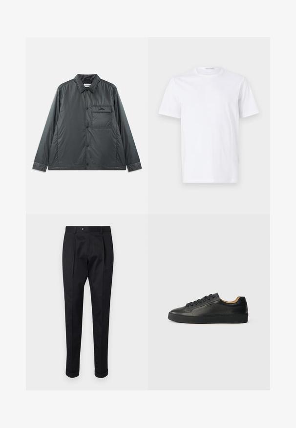 Dark gray, lightweight, button-up jacket with a point collar, long sleeves, and a single chest pocket. Smooth, shiny fabric with minimal hardware.; White cotton t-shirt with a round neckline and short sleeves. Smooth texture, straight cut, and minimalistic design without patterns or accents.; Black trousers made of a smooth fabric, featuring a fold at the front, a button closure, and rolled cuffs at the ankle.; Black low-top leather sneaker with textured surface, black laces, and thick rubber sole, shown from the side on a light background.