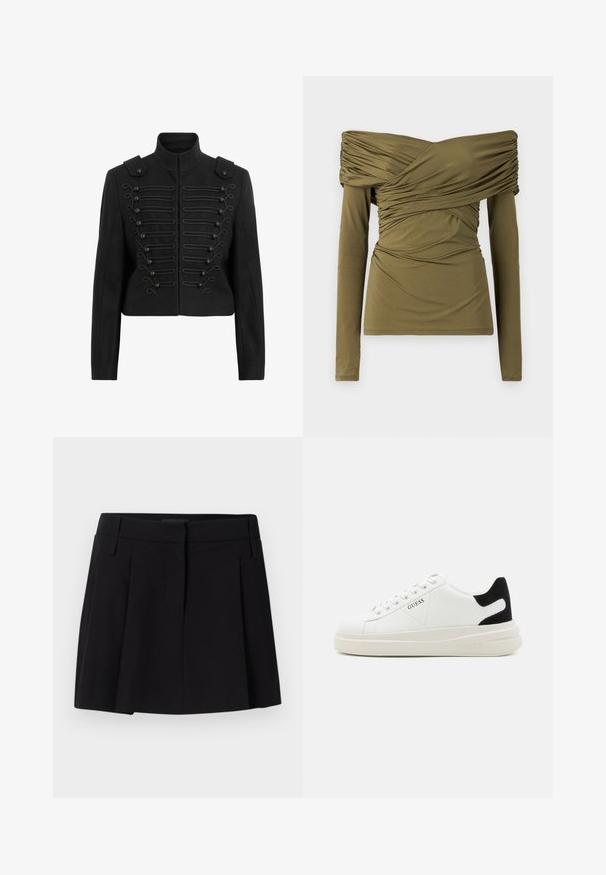Juoda trumpa striukė su stovinčiu apykakle, dekoratyviniais mygtukais su pynimo detalėmis priekyje ir pečiais su epauletėmis.; Apykaklė ilgomis rankovėmis, olivinės spalvos, su raukšlėmis krūtinės ir juosmens srityse, pagaminta iš lygios, tamprios medžiagos.; Juodas klostuotas sijonas, pagamintas iš lygios medžiagos, su juosmeniu ir priekinėmis kišenėmis, tiesaus, išplėsto silueto.; Baltos odinės sportbačiai su storu baltu padu, juodu nubuko kulno akcentu ir iškilmingu logotipu šone. Su raišteliais, turinčiais šešis akinius.