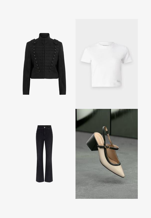 Juoda trumpa striukė su stovinčiu apykakle, dekoratyviniais mygtukais su pynimo detalėmis priekyje ir pečiais su epauletėmis.; Balta trumpa marškinėlių suapvalinta iš lygios medvilnės, su aukštu iškirpimu ir trumpomis rankovėmis. Mažas išsiuvinėtas logotipas apatinėje kampe.; Juodos džinsinės plačios kelnės, turinčios aukštą liemens aukštį, penkių kišenių dizainą ir metalinius mygtukus šonuose. Lygus paviršius ir klasikinis sijonas.; Šviesiai rudos suknelės bateliai su juodu apvadu, auksine sagtimi ir masyviu blokiniu kulnu, stovintys ant pilkos grindų su tamsiai žalia fonu.