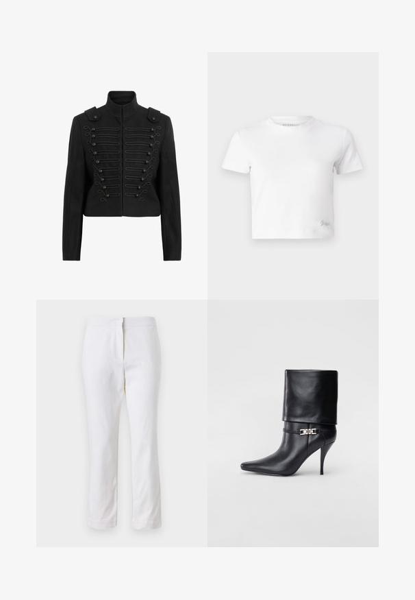 Černá zkrácená bunda s postranním límcem, zdobeným knoflíkem vpředu s pletenými detaily a ramenními průramky.; Bílý zkrácený tričko z hladké bavlny, s vysokým výstřihem a krátkými rukávy. Malá vyšitá logo v dolním rohu.; Bílé bavlněné kalhoty s rovnou nohavicou, s středně vysokým pasem a bez viditelných kovových prvků nebo vzorů. Hladká textura po celém povrchu.; Černé kožené kotníkové boty s špičatou špičkou, vysokým stiletto podpatkem, ohrnovací manžetou a zlatým ozdobným přezkovým detailem na kotníku.