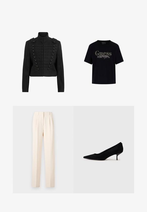 Crna skraćena jakna s uspravnim ovratnikom, ukrašenim prednjim kopčanjem s pletenim detaljima i epauletima na ramenima.; Crna pamučna majica s okruglim izrezom i kratkim rukavima. Sadrži sjajni "Guess" logo i tekst "Osnovano devetnaest osamdeset i jedna".; Bež hlače krojene s plisama, ravnog kroja i glatke teksture. Struk je čist, bez vidljivih dijelova.; Crna nubuk visoka potpetica s šiljastim vrhom i tankom, niskom potpeticom. Glatka tekstura s elegantnim dizajnom, bez vidljivih dodataka.