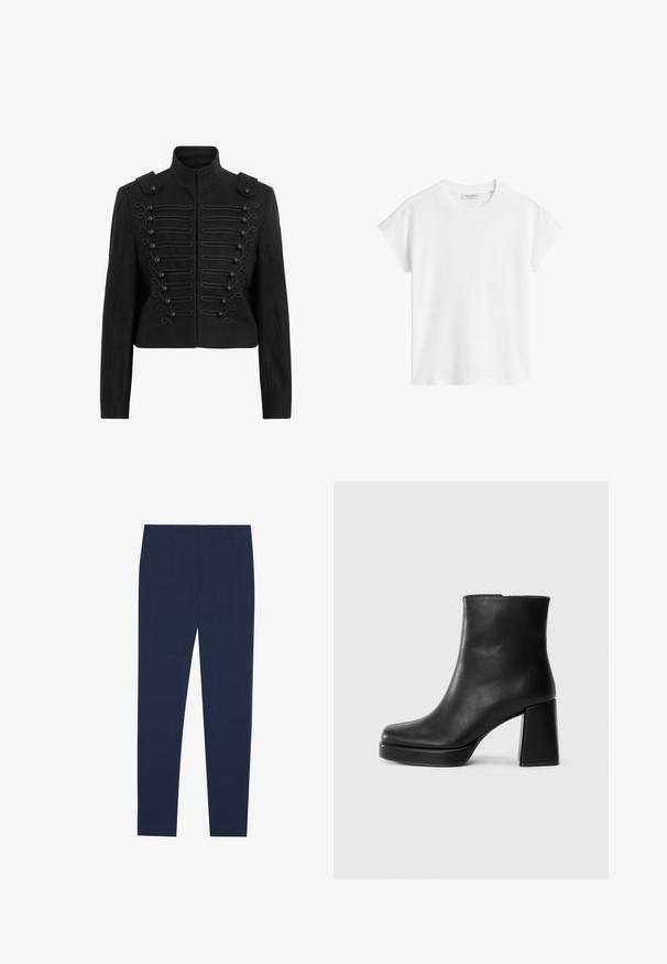 Sort cropped jakke med standen krave, udsmykket knapfront med fletdetaljer og skulderklap på skuldrene.; Hvid kortærmet t-shirt lavet af bomuld. Har en afslappet pasform med rund hals og en let sænket skuldersøm. Uden mønstre eller detaljer.; Mørkeblå bukser lavet af glat stof, med en lige ben design og flad front. Ingen synlige mønstre eller accenter.; Sort læder ankelstøvle med blokhæl og platformssål, set fra siden på en ensfarvet hvid baggrund.