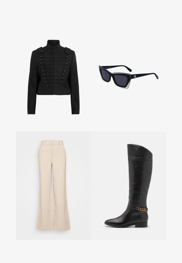 Sort cropped jakke med standen krave, udsmykket knapfront med fletdetaljer og skulderklap på skuldrene.; T-shirt i bomuld med vandrette marineblå striber på en hvid baggrund. "Tommy Hilfiger" broderet i kursiv på brystet. Rund hals.; Beige vidde bukser med en glat overflade, der har en høj talje og to forlommer. Renset design med en skræddersyet pasform.; Høje sorte læderstøvler med et slankt design, spids tå og en guld kædeaccent ved anklen. Lav blokhæl. Glat overflade.; Store sorte oversized solbriller med geometrisk form, med mørke linser og en kontrasterende grå detalje på stellet. Logo på armen.; Sølv hoop øreringe med en glat, skinnende overflade. Rundet form, letvægtsdesign med post-back lukning.