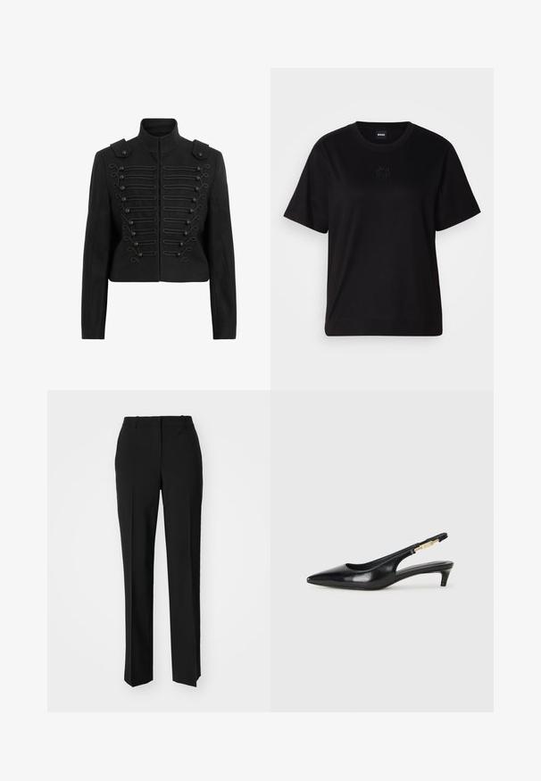 Black cropped jacket featuring a stand collar, ornate button front with braided detailing, and epaulettes on shoulders.; Black cotton t-shirt with a crew neckline, short sleeves, and an embroidered logo on the chest. Simple, relaxed fit with no patterns.; Black tailored trousers with a straight-leg design, featuring a smooth texture and crisp creases along the front. No visible hardware.; Black leather slingback heels with a pointed toe, featuring a slim heel and a gold-tone accent on the adjustable strap. Smooth texture.