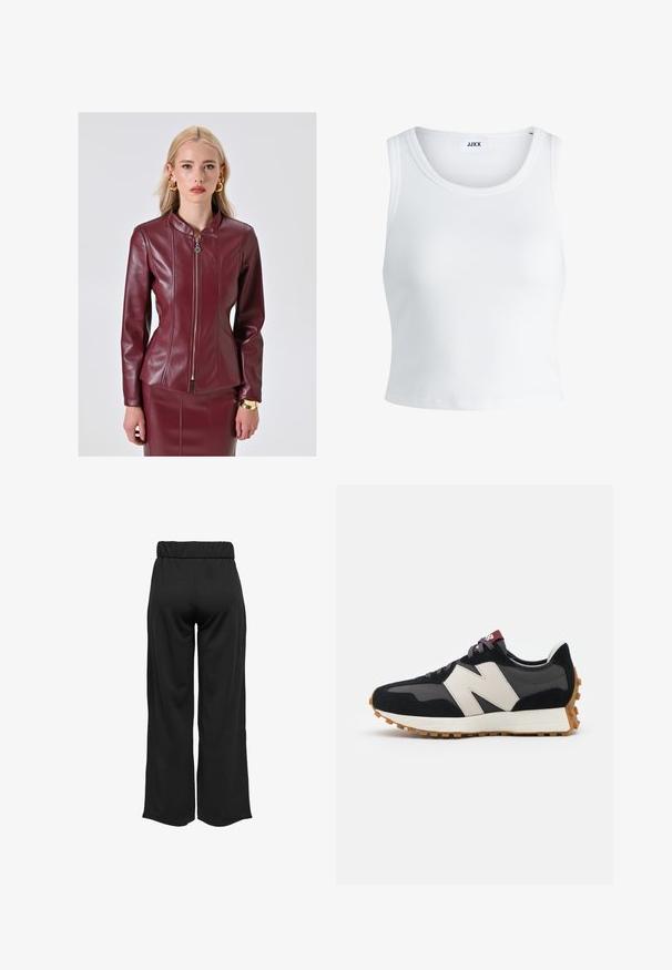 Giacca in finta pelle bordeaux con vestibilità slim, colletto alto, motivo trapuntato e chiusura con zip silver. Si abbina a una gonna aderente.; Canottiera bianca a coste con scollatura rotonda, senza maniche e lunghezza cropped. Etichetta con la scritta "JJXX". Tessuto di texture liscia.; Pantaloni neri a gamba larga con cintura elastica, realizzati in tessuto liscio. Presentano un design pulito senza tasche o dettagli di cucitura visibili.; Sneaker in suede nero e grigio con un grande logo "N" color crema, lacci viola e una suola esterna in gomma gommosa texturizzata.