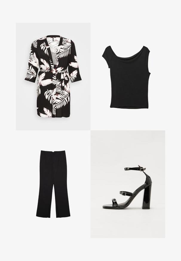 Sort kimono-stil morgenkåbe med hvide og bordeaux tropiske bladmønstre. Lange ærmer, bånd i taljen og åben frontdesign.; Sort kortærmet top lavet af glat stof; har en draperet halsudskæring og en asymmetrisk kant, med en tætsiddende pasform.; Sorte bukser med lige pasform, der har frontlommer og slidser i kanten. Lavet af blødt, glat stof. Velegnet til forskellige anledninger.; Sorte patenterede hælsandaler med firkantet tå, ankelremme og sølvspænder. Har en chunky blokHæl for stabilitet.