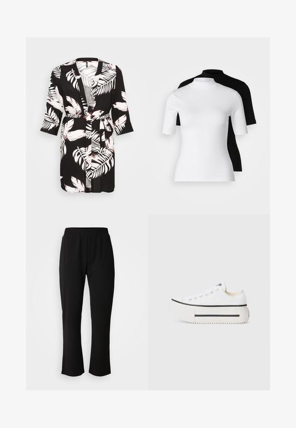 Fekete, kimono stílusú köntös, fehér és bordó trópusi levélmintákkal. Hosszú ujjak, övvel ellátott derék és nyitott elülső kialakítás.; Két darabból álló, testhezálló garbó felső szett fehér és fekete színben. Rövid ujjú, sima pamut anyagból készült, szorosan illeszkedő fazonnal. Nincsenek minták vagy grafikák.; ONLY Carmakoma CARLAMA STRAIGHT - Nadrágok - black; Fehér vászon platform edzőcipők fekete gumitalppal, kerek orrbetéttel és fém szemgyűrűkkel, amelyek egyszerű, letisztult dizájnnal rendelkeznek.