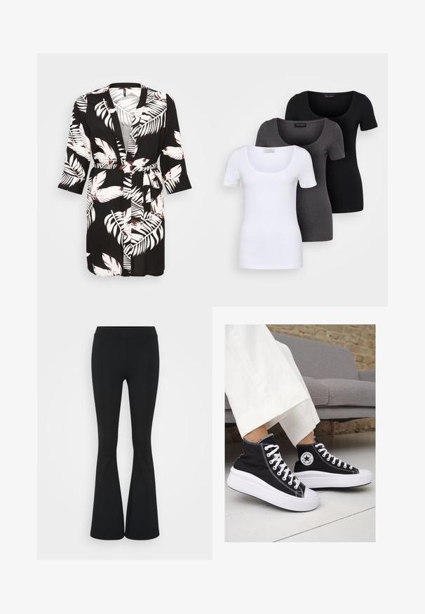Črn kimono-stil plašč z belimi in burgundskimi tropičnimi listnatimi vzorci. Dolgi rokavi, pas z pasom in odprt sprednji dizajn.; Tri prilegla majica v beli, sivi in črni barvi. Vsaka ima širok izrez na vratu in kratke rokave. Narejene so iz gladkega, raztegljivega materiala.; Črne hlače s širokimi hlačnicami, izdelane iz raztegljive tkanine, z visokim pasom in gladko teksturo. Hlače se širijo od kolena navzdol.; Črne platnene visoke superge z belimi gumijastimi podplati in vezalkami. Imajo krožni logotip na strani in kontrastno bele šive.