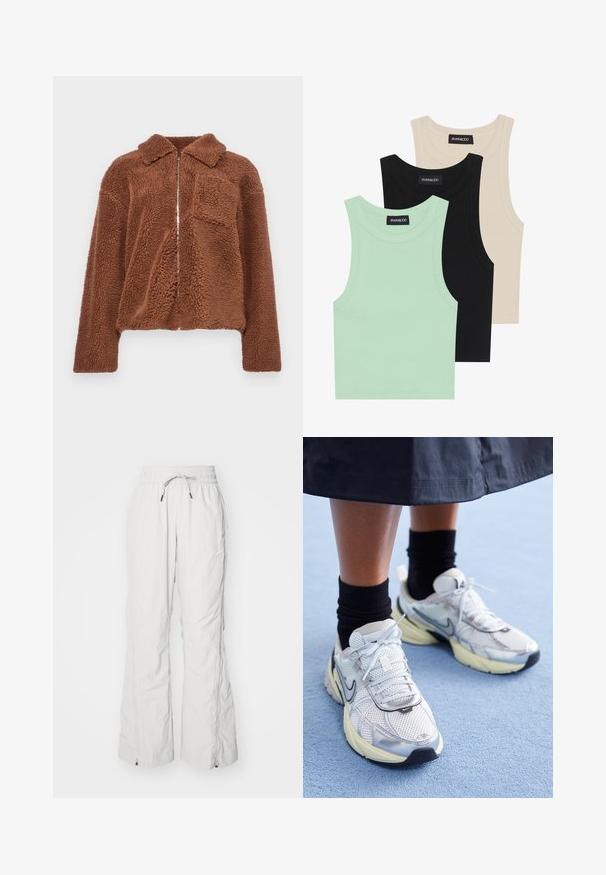 Brūns flīsa džemperis ar rāvējslēdzēju priekšā, apkakli un vienu krūšu kabatu. Audumam ir mīksta, teksturēta virsma, kas ir piemērota ikdienas valkāšanai.; Trīs bezpiedurkņu topi mint zaļā, melnā un bēšā krāsā; izgatavoti no ribotas auduma ar apaļu dekoltē. Redzama zīmola etiķete.; Gai pelēkie kravas bikses, izgatavotas no teksturēta auduma, ar elastīgu jostu un auklu, sānu kabatām un rāvējslēdzējiem pie potītēm.; Baltie un sudraba Nike kedas ar tīkla audumu, atstarojošiem akcentiem un bēša zoli. Valkātas ar melnām zeķēm, stāvot uz zilas virsmas.