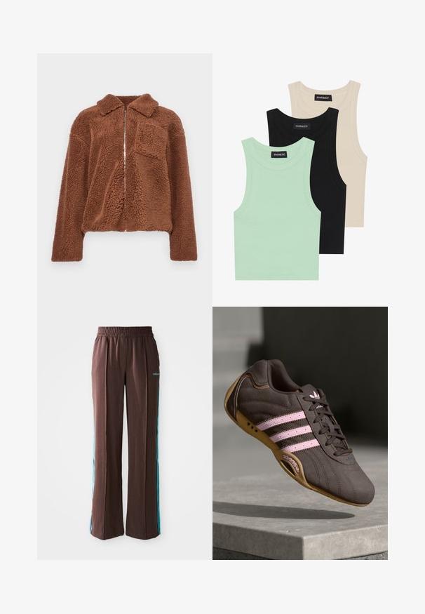 Jachetă din fleece maro cu fermoar în față, guler și un buzunar pe piept. Materialul are un aspect moale și texturat, potrivit pentru îmbrăcăminte casual.; Trei tricouri fără mâneci, în nuanțe de verde mentă, negru și bej; realizate dintr-o țesătură ribată, cu gât rotund. Eticheta mărcii este vizibilă.; Pantaloni atletici maro cu textură canelată, talie elastică și dungi turcoaz pe lateral. Prezintă logo-ul adidas pe față.; Pantofii sport din nubuc maro cu dungi și logo roz, având un material superior texturat, închidere cu șireturi și o talpă din cauciuc gumos.