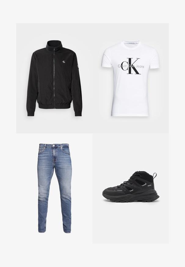 Črna zip-up jakna z visokim ovratnikom, izdelana iz lahkotnega materiala. Ima elastične manšete in rob, ter majhen logotip na prsih.; Bela bomba majica iz bombaža z črnim logotipom "CK" in napisom "Calvin Klein Jeans", kratkimi rokavi in klasičnim okroglim ovratnikom.; Modri kavbojki z ozkim krojem, srednjim pasom, petimi žepi, blede pranja in svetlimi gubami spredaj in zadaj.; Črne pohodne čevlje z večplastno zasnovo, teksturirano tkanino in gumijastim podplatom, z ojačanimi deli in vezalkami spredaj.