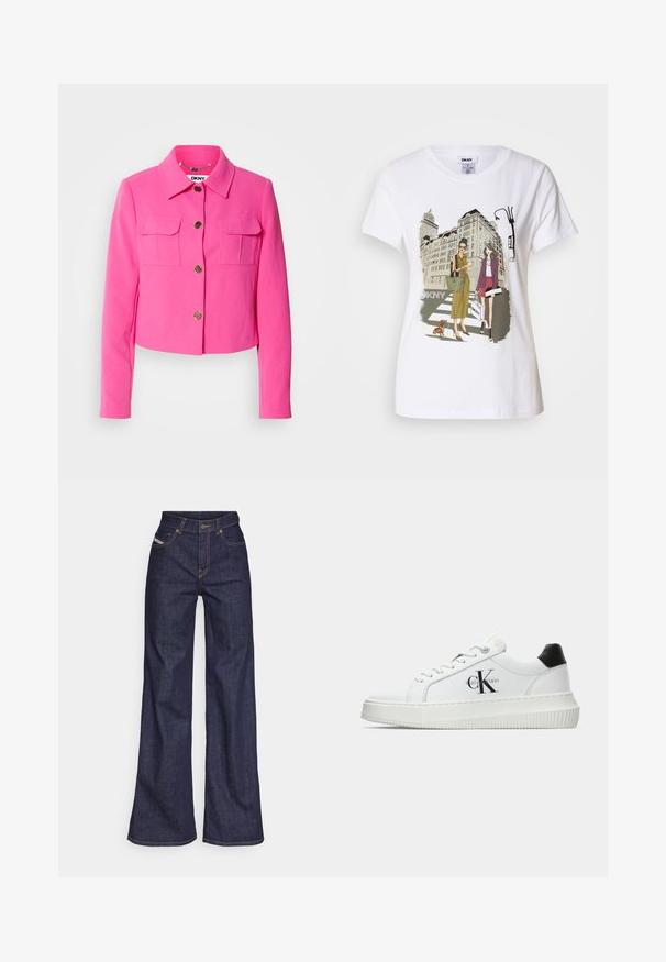 Fuksiaoppkuttet jakke med krage, to brystlommer og gullknapper. Glatt stoff med en strukturert passform og lange ermer.; Hvit bomulls T-skjorte med trykt illustrasjon av to kvinner i urbane motestiler med en hund på et fotgjengerfelt og bybygninger.; Mørkeblå vide jeans i denim med høy midje, med oransje sømmer, fem-lomme-design og knappelukking.; Hvite lavsko med svart hæltab, plattformsåle, snøringer og Calvin Klein "CK" logo på siden.