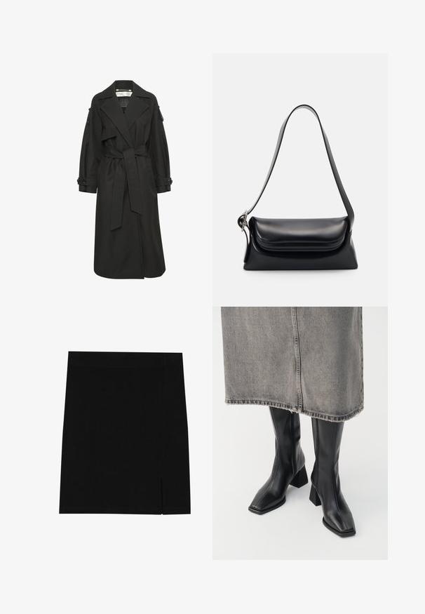Palton negru dintr-un material ușor, cu talie cu curea, rever mari și mâneci cu nasturi. Design simplu și elegant.; Pulover tricotat de culoare verde măsliniu, cu guler rotund, mâneci lungi și tiv ribotat. Dispune de un croi scurt și are un finisaj moale, texturat.; Fustă mini neagră, confecționată dintr-un material moale, cu un design strâns, având o mică deschidere pe o parte pentru un detaliu suplimentar.; Cizme negre până la genunchi din piele netedă, cu vârf pătrat și toc bloc. Purtate cu o fustă din denim gri, cu margine desfăcută.; Geantă de mână din piele neagră cu o formă structurată, o textură netedă și o singură curea de umăr. Are un design subtil cu clapetă rotunjită.