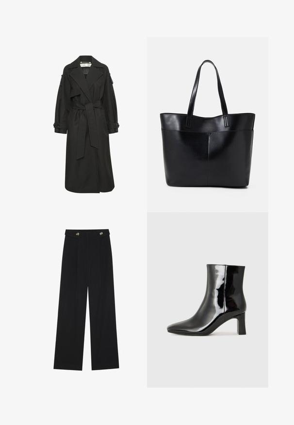 Melnā lietusmēteļa forma, kas izgatavota no viegla auduma, ar jostu viduklī, lieliem uzklājiem un pogām uz aprocēm. Vienkāršs un elegants dizains.; Melna garām piedurknēm krekls ar izplestu aproču, maigu tekstūru un brīvu piegriezumu, ar vienkāršu apaļu dekoltē.; Melnas platās bikses ar augstu jostasvietu, pogu detaļām uz jostas un priekšējām krokām.; Melnas patentētas ādas potīšu zābaki ar norādītu pirkstu un vidēja augstuma kvadrātveida papēdi. Gluda tekstūra un minimālisma dizains.; Melnas ādas iepirkumu soma ar divām garām rokturām, gludu tekstūru un strukturētu formu. Iekļauj priekšējo kabatu papildu uzglabāšanai.