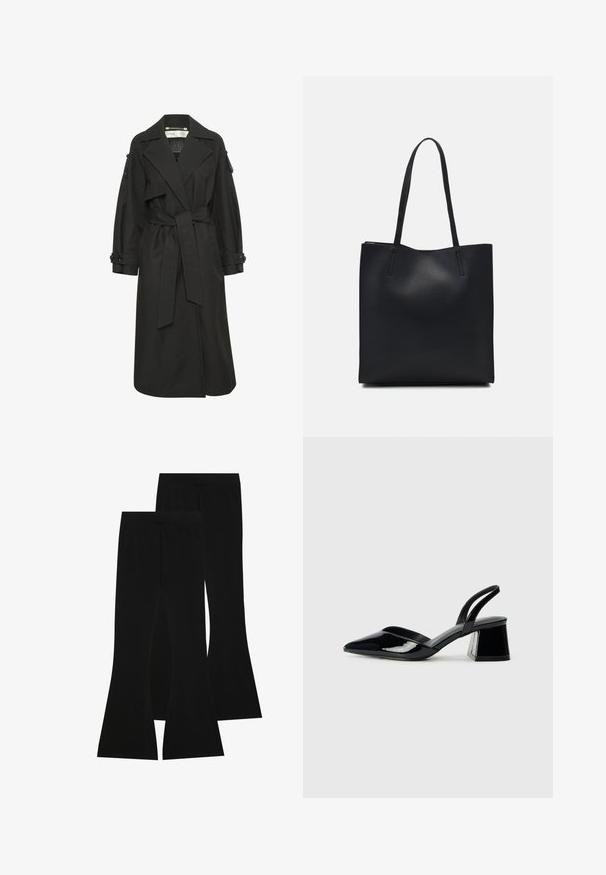 Černý trenčkot vyrobený z lehkého materiálu, se zavazovacím pasem, velkými klopami a knoflíkovými manžetami. Jednoduchý a elegantní design.; Černé tričko z bavlny s krátkým rukávem, pod kterým je bílá podvlékací halenka s dlouhým rukávem a jemným texturovaným vzorem. Design s kulatým výstřihem.; Černé zvonové kalhoty vyrobené z elastického materiálu, s vysokým pasem a hladkou texturou, s přiléhavým střihem, který se rozšiřuje od kolena.; Černé lakované kožené lodičky na pásku s špičatou špičkou a geometrickým blokovým podpatkem. Vyznačují se elegantním, minimalistickým designem a hladkým povrchem.; Černá kožená taška přes rameno s hladkým povrchem, obdélníkovým tvarem a dvěma dlouhými uchy. Žádné viditelné kování ani ozdoby.
