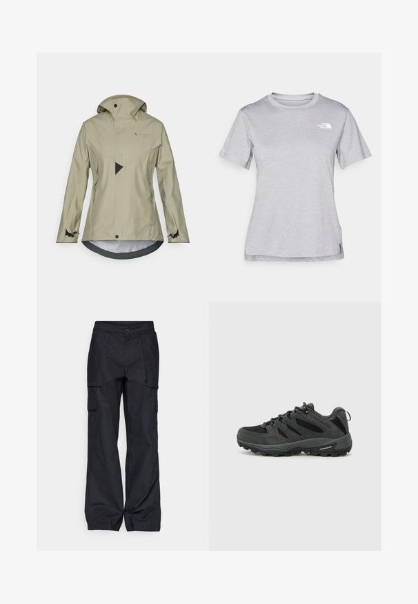 Light beige waterproof jacket with a hood, zippered pockets, adjustable cuffs, and a geometric design on the front.; Grey short-sleeve t-shirt made of soft, moisture-wicking fabric. Features a crew neck and a small white logo on the upper left.; Columbia BREA FALLS™ COTTON RIPSTOP PANT - Outdoor trousers - black; Columbia REDMOND - Hiking shoes - black/citron haze