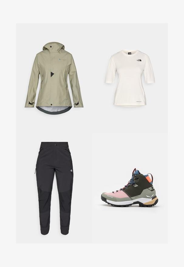 Světle béžová nepromokavá bunda s kapucí, zipovými kapsami, nastavitelnými manžetami a geometrickým vzorem na přední straně.; The North Face SHADOW SHORT SLEEVE - Sportovní tričko - white dune; Černé venkovní kalhoty vyrobené z odolné tkaniny. Mají zipové kapsy, zesílené kolenní panely a rovný střih pro větší pohyblivost.; Salewa PUEZ MID PTX - Trekingové boty - dark olive/shadow