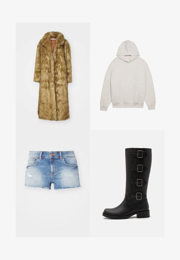 Free People ANNICE COAT - Žieminis paltas - sandy fox; Šviesiai pilkas džemperis, pagamintas iš minkštos medžiagos, su priekinia kišene, reguliuojamu gobtuvu ir stora apykakle bei rankovėmis.; Šviesiai mėlyni džinsiniai šortai su nusidėvėjusiu apdailos efektu, plėšyta hemline, penkių kišenių dizainu ir vienu mygtuko uždarymu priekyje.; Juodi aukšti batai, pagaminti iš glotnaus sintetinio paviršiaus. Suteikti keturi dekoratyviniai diržai su stačiakampiu metaliniu užsegimu. Dizainas su bloko kulnu.