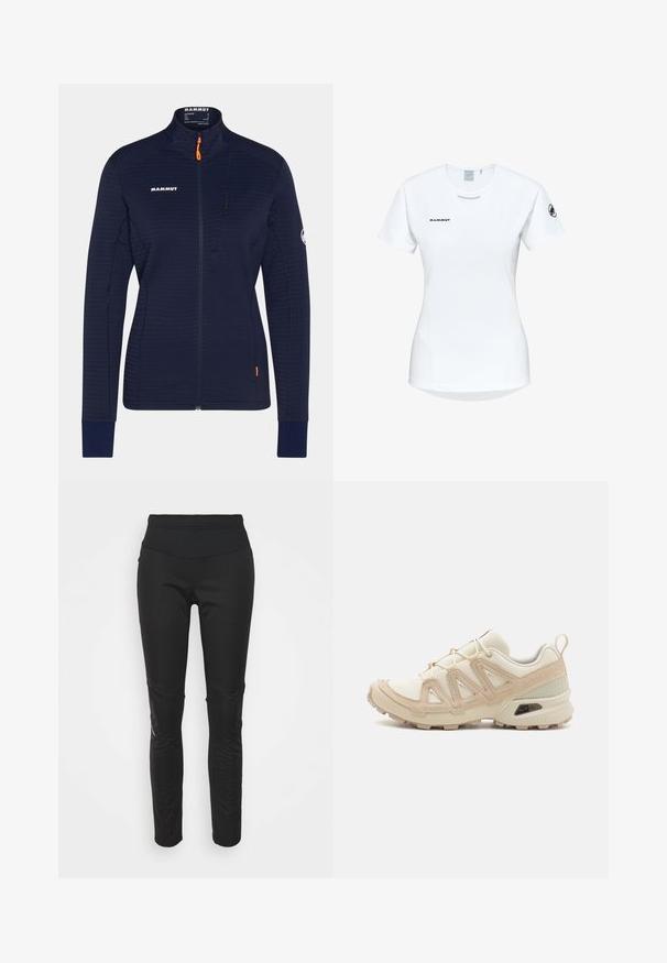 Granatowa bluza polarowa z wysokim kołnierzem, pionowymi kieszeniami na zamek i kontrastującym pomarańczowym uchwytem zamka. Różnorodna struktura w ribbed.; Koszulka sportowa z krótkim rękawem w kolorze białym, z okrągłym dekoltem, z logo na piersi i gładką, lekką teksturą materiału.; Czarne legginsy sportowe z wysokim pasem, gładką teksturą, detalem logo oraz akcentami w postaci bocznych paneli dla dodatkowego zainteresowania wizualnego.; Beżowe i kremowe buty sportowe z teksturowanej siateczki, wspierającymi nakładkami oraz gumową podeszwą z wzorem bieżnika zapewniającym przyczepność.