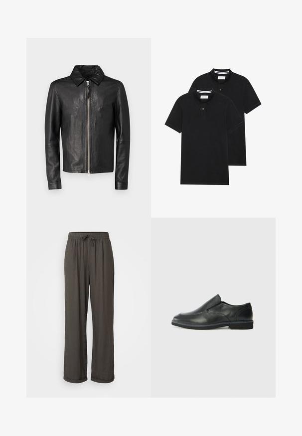 Černá kožená bunda s předním zipem, špičatým límcem a dlouhými rukávy. Hladká textura a minimalistický design, bez vzorů nebo akcentů.; Dvě černé polokošile s krátkým rukávem z bavlny, s klasickým límcem, dvouknoflíkovou légou a bílými pruhovanými akcenty uvnitř límce.; Tmavě šedé kalhoty s širokým střihem a stahovacími šňůrkami v pase, vyrobené z měkké, texturované tkaniny, s ohrnutými manžetami u kotníků.; Černá kožená nazouvací bota s hladkým svrškem, prošívanými detaily, zaoblenou špičkou a nízkým gumovým podpatkem. Podešev má minimální vzorek.
