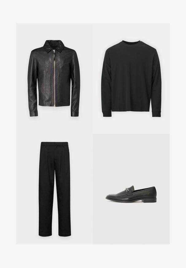 Zwarte leren jas met een ritssluiting aan de voorkant, puntkraag en lange mouwen. Gladde textuur en minimalistisch ontwerp, zonder patronen of accenten.; Zwarte longsleeve T-shirt van katoen, met een ronde halslijn, een losse pasvorm en geribbelde boorden. Glad oppervlak zonder zichtbare patronen.; Zwarte broeken van gladde stof, met een recht model, twee voorknikken en een standaard tailleband met riemlussen.; Zwarte leren instapper met een gladde afwerking, voorzien van een gestikt ontwerp en een decoratieve metalen kettingaccent over de wreef. Platte hak.