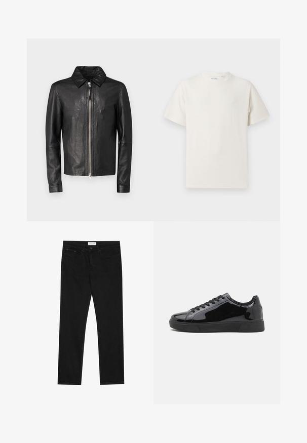 Zwarte leren jas met een ritssluiting aan de voorkant, puntkraag en lange mouwen. Gladde textuur en minimalistisch ontwerp, zonder patronen of accenten.; Witte korte mouwen T-shirt met ribbelstructuur. Ronde hals, ontspannen pasvorm, geen zichtbare patronen of accenten. Eenvoudig en veelzijdig ontwerp.; Zwarte straight-leg jeans met een vijf-pocket ontwerp, knoop- en ritssluiting, en een Pier One merklabel op de tailleband.; Zwarte gepoetste lederen sneakers met een ronde neus, platte rubberen zool en zwarte veters. Glad, glanzend oppervlak op de bovenzijde.