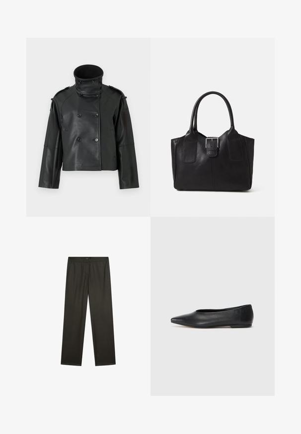 Svart läderjacka med hög krage, dubbelknappad design, stora knappar och axelklaffar. Slät textur, kort längd.; Mörkgrå, kortad tröja med långa ärmar, rundad halsringning och texturerad yta. Enkelt design utan mönster eller dekorationer.; Mörkgröna, vida byxor med en slät yta, elastisk midja och sidofickor. Enkelt design utan synliga mönster eller metalldetaljer.; Svart läderballetflat, spetsig tå, minimalistisk design, slät textur, låg klack, ingen synlig hårdvara eller utsmyckningar.; Svart läder tote-väska med slät yta, strukturerad form, två handtag och en framträdande silverfärgad spänne på framsidan.