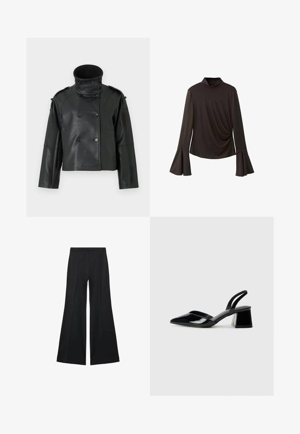 Crna kožna jakna s visokim ovratnikom, dvostrukim kopčanjem, velikim dugmadi i ramenskim epauletama. Glatka tekstura, skraćena dužina.; Crni dukserica s dugim rukavima i visokim ovratnikom, s ispuštenim rukavima i naboranim bočnim detaljem za teksturu. Izrađena od rastezljivog materijala.; Crne široke hlače s glatkom teksturom, koje imaju prednje nabore i kroj po mjeri. Tkanina je lagana i lepršava.; Crne lakirane kožne sandale s otvorenom petom i špicastim vrhom, s geometrijskom blok petom. Imaju elegantan, minimalistički dizajn i glatku teksturu.