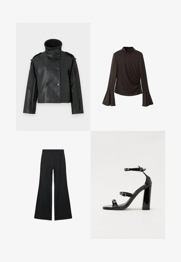 Giubbotto di pelle nera con colletto alto, design doppiopetto, grandi bottoni e spalline. Texture liscia, lunghezza cropped.; Top nero a maniche lunghe con un collo alto, dotato di maniche svasate e dettagli arricciati sui lati per un tocco di texture. Realizzato in tessuto elastico.; Pantaloni neri a gamba larga con una texture liscia, caratterizzati da pieghe frontali e un design sartoriale. Il tessuto è leggero e fluido.; Sandali con tacco in vernice nera, con punta squadrata, cinturini alla caviglia e fibbie in argento. Presentano un tacco a blocco spesso per maggiore stabilità.