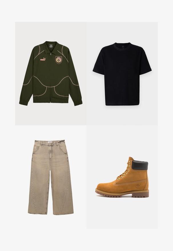 Dunkelgrüne Jacke mit einem Frontreißverschluss, ausgestattet mit hellrosa Nähten, einem Kragen und einem gestickten Logo auf der Brust. Elastische Bündchen an den Ärmeln.; Schwarzes Baumwoll-T-Shirt mit Rundhalsausschnitt, kurzen Ärmeln und geradem Schnitt. Minimale Nähte und eine weiche, glatte Textur.; PULL&BEAR MEGA BAGGY - Baggy Jeans - light grey; Beige Wildleder-Ankle-Boot mit schwarzem gepolstertem Kragen, goldenen Metallösen, weißen Nähdetalben und einer robusten Gummisohle mit ausgeprägtem Profil.