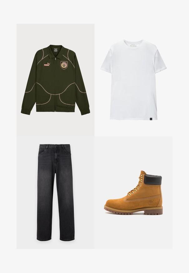 Donkergroene jas met een ritssluiting aan de voorkant, voorzien van lichtroze stiksels, een kraag en een geborduurd logo op de borst. Elastische manchetten aan de mouwen.; Witte spiergetailleerde t-shirt van katoen. Ronde hals, korte mouwen, gladde textuur. Klein zwart logo-label aan de zoom. Eenvoudig ontwerp.; Donkergrijze denim jeans met een rechte pijpdesign, voorzien van een ritssluiting, vijf zakken en subtiele vervagingdetails op de stof.; Tan suède enkelboot met zwart gevoerd kraagje, gouden metalen oogjes, witte stikdetails en een robuuste rubberen zool met uitgesproken profiel.