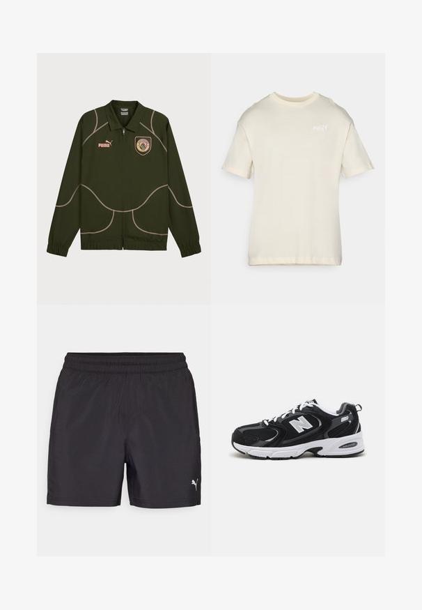 Chaqueta verde oscuro con cremallera frontal, con costuras rosa claro, un cuello y un logo bordado en el pecho. Puños elásticos en las mangas.; Camiseta de manga corta color crema hecha de algodón suave, con cuello redondo y un pequeño logo bordado en el pecho. Textura suave, ajuste relajado.; Pantalones cortos deportivos negros con una cinturilla elástica, hechos de material liviano, con un pequeño logotipo blanco en el lado inferior.; Zapatillas deportivas en negro y gris con parte superior de malla y ante, que cuentan con una entresuela blanca, cordones y un llamativo logo "N" en el lateral.