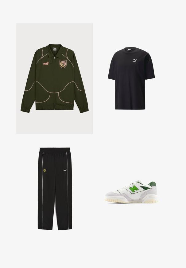 Donkergroene jas met een ritssluiting aan de voorkant, voorzien van lichtroze stiksels, een kraag en een geborduurd logo op de borst. Elastische manchetten aan de mouwen.; Zwarte katoenen T-shirt met korte mouwen, ronde hals en een wit Puma-logo op de borst. Eenvoudig en ongecompliceerd ontwerp.; Zwarte sportbroeken met een elastische tailleband, met een geel Ferrari-logo en witte zijkanten. Gemaakt van lichtgewicht stof.; Witte sneaker met groene accenten, gemaakt van leer en suède. Heeft een gestructureerde bovenkant, een gevoerde kraag en een rubberen zool met zichtbare loopnoppen.
