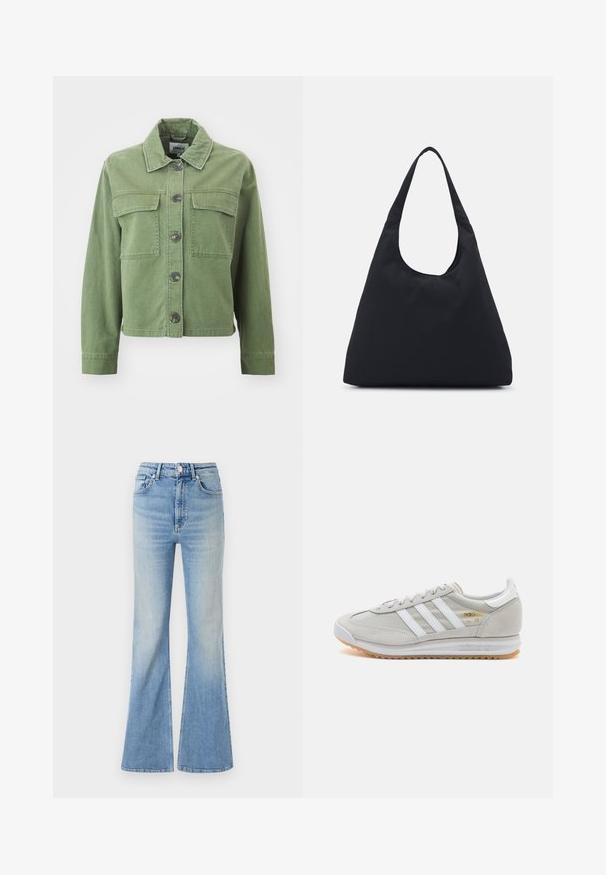 Green denim jacket featuring a collar, button-up front, two chest pockets, and long sleeves with button cuffs. Smooth texture and cropped design.; White cable-knit turtleneck sweater with a cropped silhouette, featuring ribbed cuffs and hem. Soft texture with a cozy, chunky design.; Light blue flared jeans made of denim, featuring a high waist, five-pocket design, and subtle gradient fading towards the hem.; Light grey sneaker made of suede and mesh, featuring three white stripes, round toe, and a gum rubber sole. Gold logo accent near laces.; Black fabric bag with a single, wide shoulder strap. Soft, semi-structured shape and smooth texture; minimal design, without visible hardware.; Silver hoop earrings with a twisted design, featuring a polished finish and post-back closure. Measure approximately 3 cm in diameter.