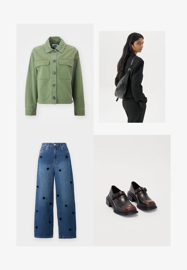 Roheline teksajakk, millel on krae, nööpidega eesosa, kaks rinna taskut ja pikad varrukad nööpidega mansettidega. Sile tekstuur ja lühike disain.; Must muströmpa mustristik pikkannukkide mustri kõrgetting toori jalgade kinnitanud, mulit  haufri. Pakk keskosa ülemine vilip. ; Laiad sinise denimi teksad mustade lillede aplikatsioonidega, mis on hajutatud kangale. Omab kõrget talje ja klassikalist viit taskut.; Nahkased blokeeritud kontsaga kingad, millel on läikiv tume burgundi värv, koos pannalalusega ja ümarate sõrmedega disainiga. Struktuurne välistald haarde jaoks.; Pikkade tumehaired naine mustas ülikonnas, kandes musta nahast õlakotti, vaatab üle õla valge tausta taustal.; Hõbedased rõngaskõrvarõngad keerutatud disainiga, millel on poleeritud viimistlus ja posti-tagune sulgemine. Diameeter umbes 3 cm.